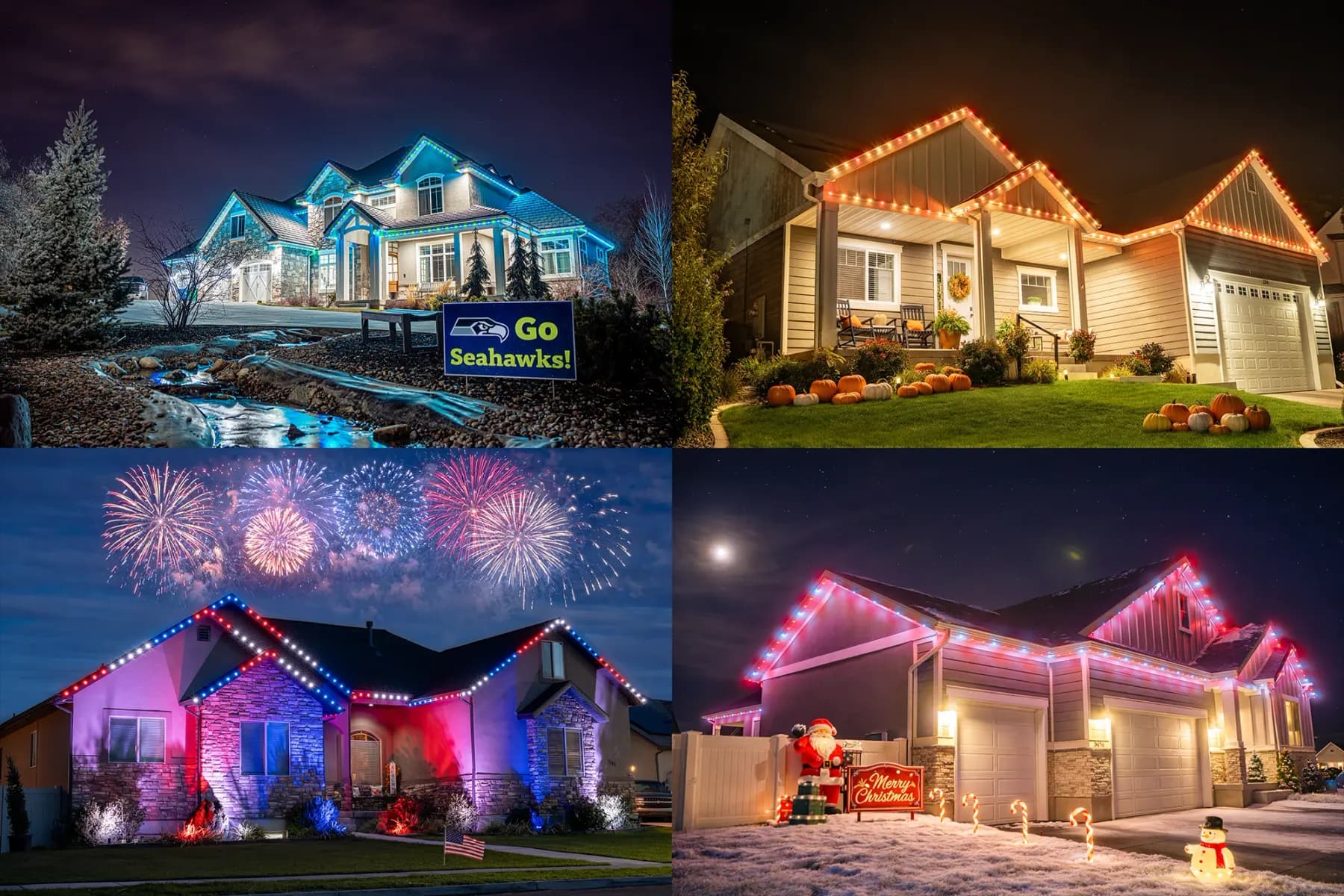 Two-storey Canadian home with permanent LED roofline lighting glowing red and green for Christmas against a snowy front yard